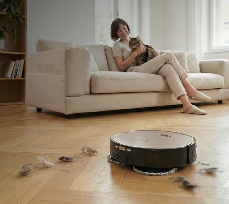 A RobZone Duoro robotporszívó és egy fehér macska a szőrrel teli szőnyegen